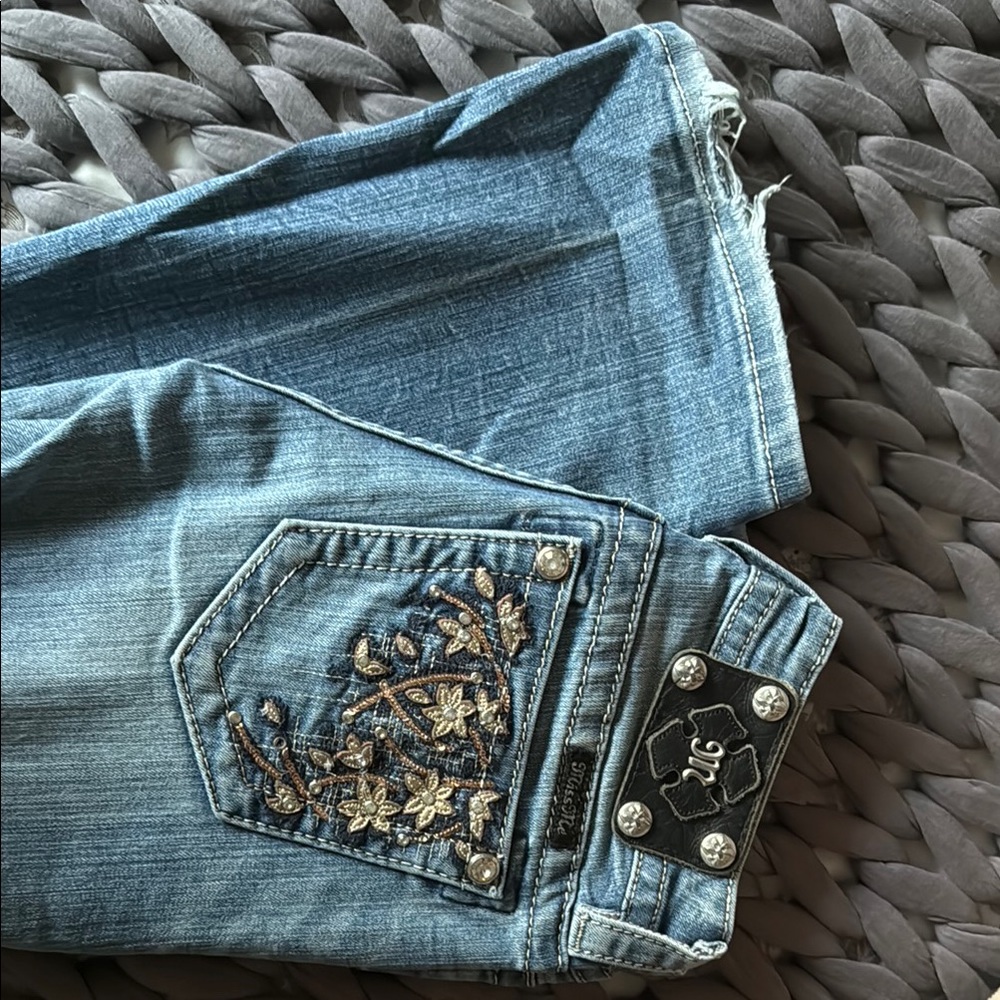 Blue Flare Wide Leg Jeans with Ornate Embroidery
